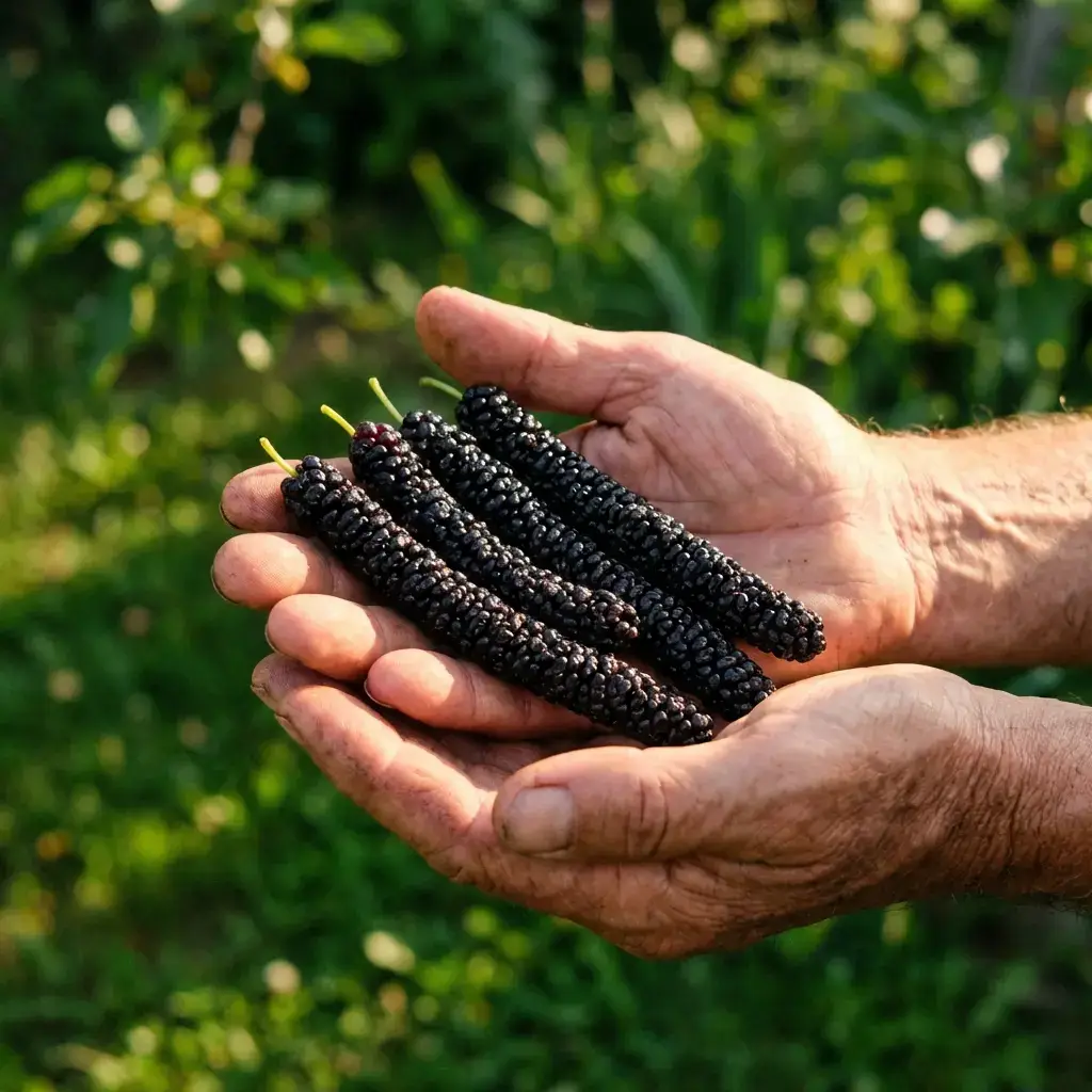 Плоди шовковиці Чорний Дракон в руці — реальний розмір