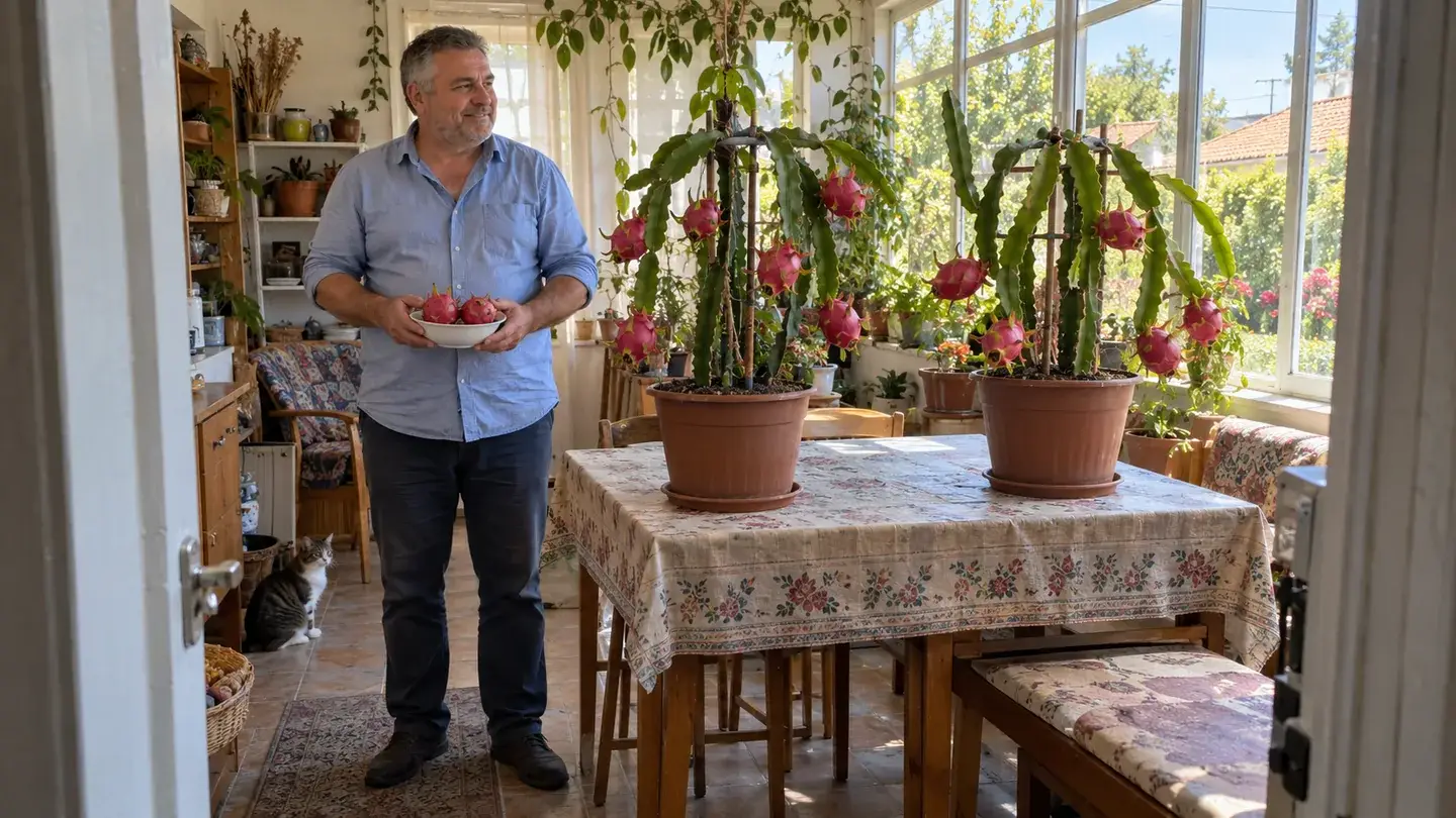 Фермер біля домашніх горщиків з пітахаєю